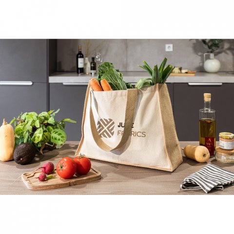 HELSINQUE. Canvas bag (320 g/m&sup2;), with bottom and sides in laminated jute (350 g/m&sup2;) in natural tones