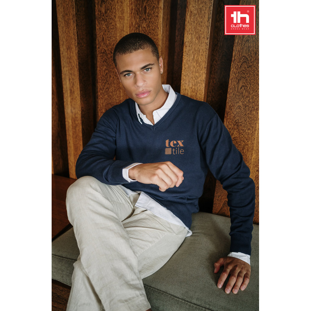 THC MILAN. Pullover da uomo con scollo a V in cotone e poliammide