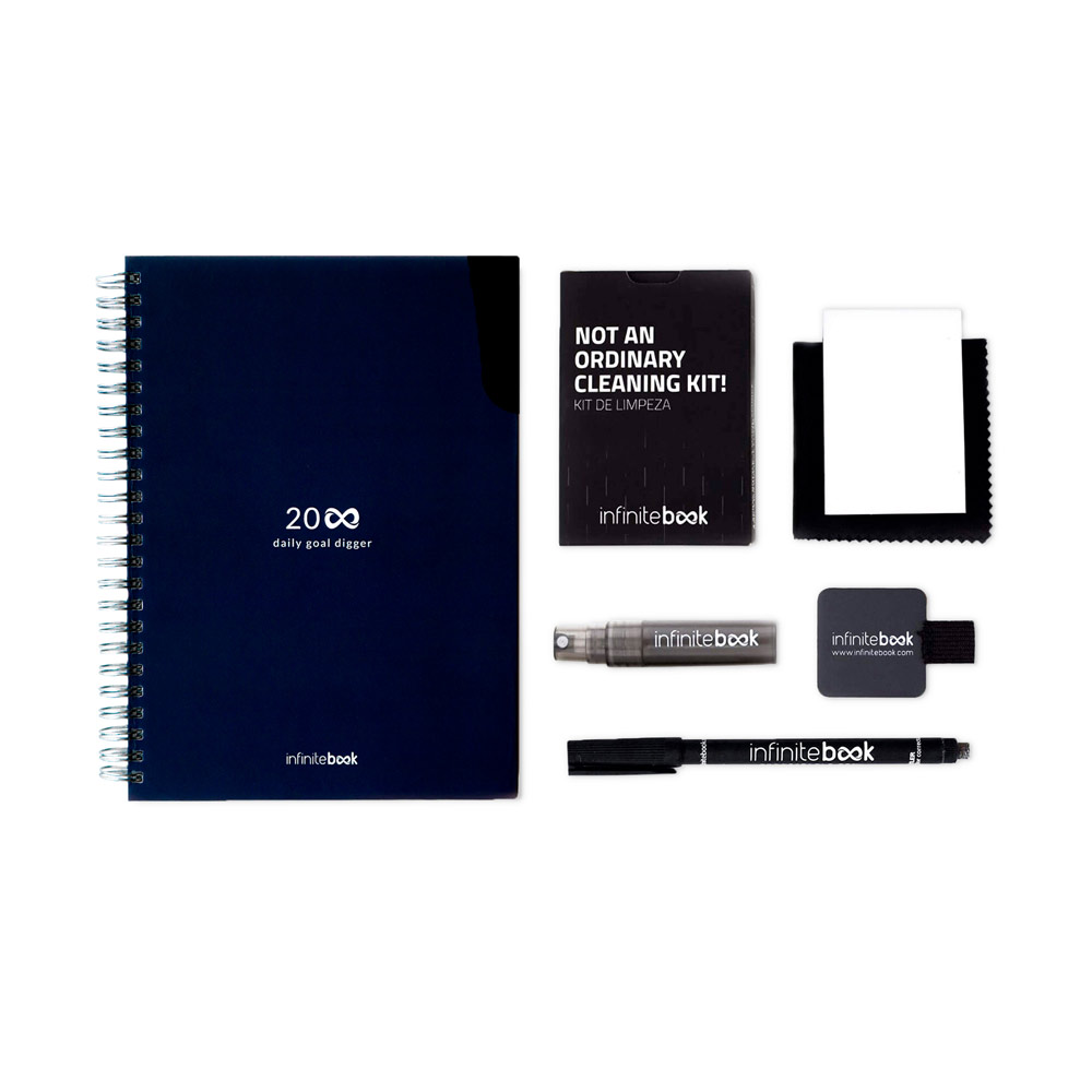STARTER KIT INFINITE PLANNER A5. Il set include un "Infinity Diary", un kit di pulizia, un pennarello e un porta pennarello