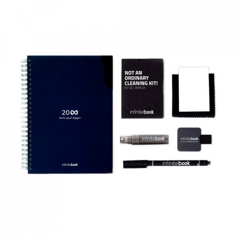STARTER KIT INFINITE PLANNER A5. Le set comprend un "infinite Diary", un kit de nettoyage, un marqueur et un porte-marqueur - Bleu marine