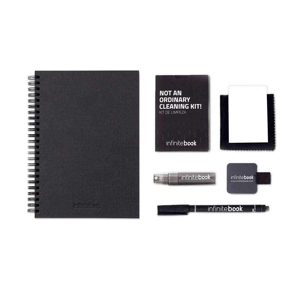 STARTER KIT INFINITEBOOK A5 PLANNER TEXTURE. Set composto da un "Infinitebook" con copertina rigida, 1 kit di pulizia, 1 pennarello e 1 porta pennarello