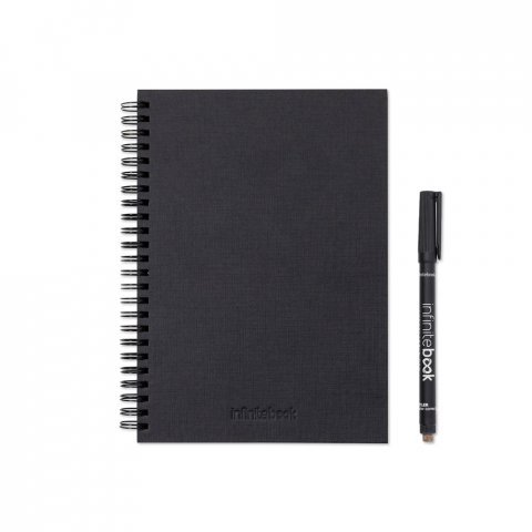 STARTER KIT INFINITEBOOK A5 PLANNER TEXTURE. Kit cuprinz&acirc;nd &bdquo;Infinitebook&rdquo; cu copertă tare, 1 kit de curățare, 1 marker și 1 suport pentru pix - Negru
