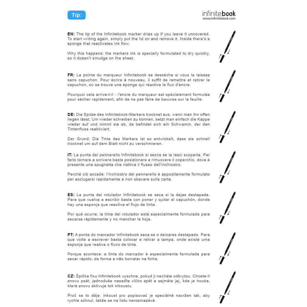 STARTER KIT INFINITEBOOK. Set composto da un "Infinitebook" con copertina rigida, 1 kit di pulizia, 1 pennarello e 1 porta pennarello