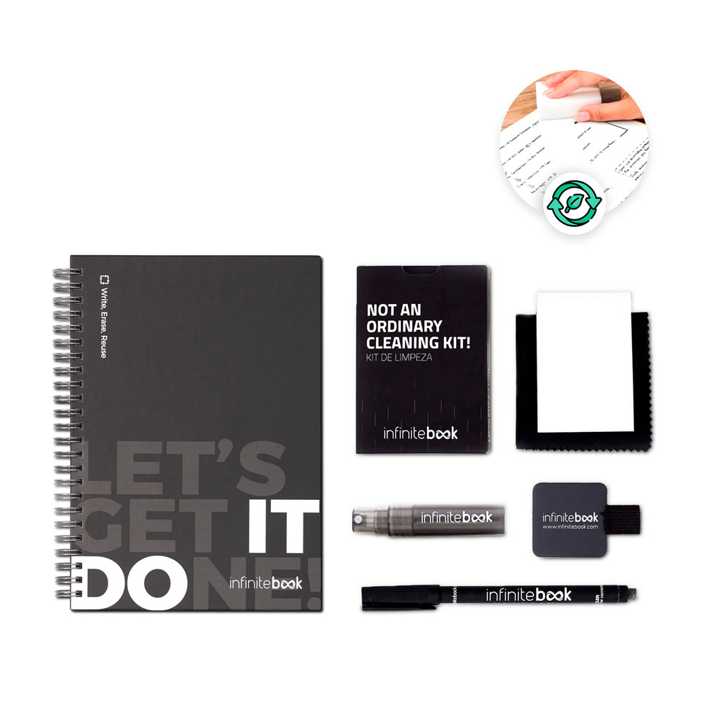 STARTER KIT INFINITEBOOK. Set composto da un "Infinitebook" con copertina rigida, 1 kit di pulizia, 1 pennarello e 1 porta pennarello
