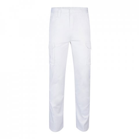 VL LUGH. Cal&ccedil;as stretch multibolsos (240g/m&sup2;) em algod&atilde;o (46%), EME (38%) e poli&eacute;ster (16%) - Branco