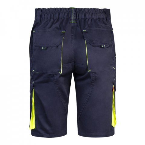 VL HEMERA. Bermudas stretch bicolor multibolsos (240g/m&sup2;), em algod&atilde;o (46%), EME (38%) e poli&eacute;ster (16%) - Azul marinho/Amarelo