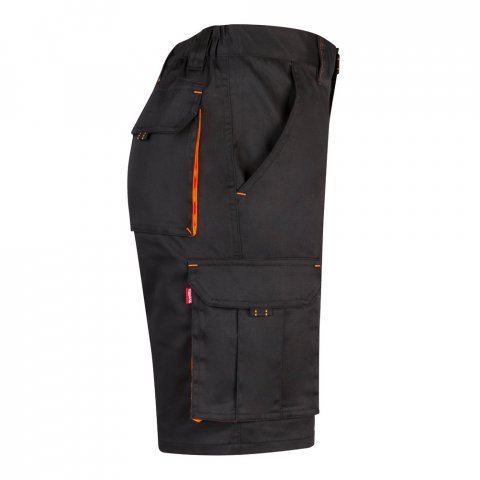 VL HEMERA. Bermudas stretch bicolor multibolsos (240g/m&sup2;), em algod&atilde;o (46%), EME (38%) e poli&eacute;ster (16%) - Preto/Laranja