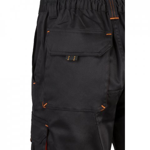 VL HEMERA. Bermudas stretch bicolor multibolsos (240g/m&sup2;), em algod&atilde;o (46%), EME (38%) e poli&eacute;ster (16%) - Preto/Laranja