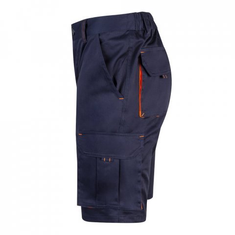 VL HEMERA. Bermudas stretch bicolor multibolsos (240g/m&sup2;), em algod&atilde;o (46%), EME (38%) e poli&eacute;ster (16%) - Azul marinho/Laranja