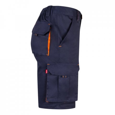 VL HEMERA. Bermudas stretch bicolor multibolsos (240g/m&sup2;), em algod&atilde;o (46%), EME (38%) e poli&eacute;ster (16%) - Azul marinho/Laranja