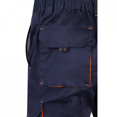 VL HEMERA. Bermudas stretch bicolor multibolsos (240g/m&sup2;), em algod&atilde;o (46%), EME (38%) e poli&eacute;ster (16%) - Azul marinho/Laranja