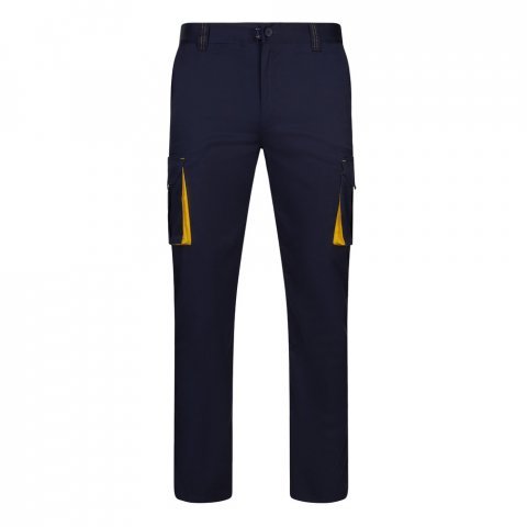 VL FIDES. Pantaloni extensibili cu buzunare multiple (240g/m&sup2;), &icirc;n două tonuri, din bumbac (46%), EME (38%) și poliester (16%) - Albastru/Galben