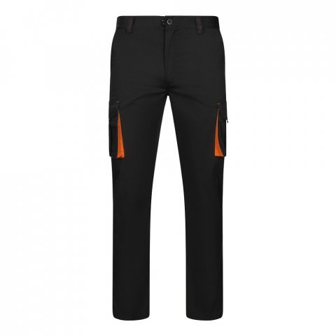 VL FIDES. Pantaloni extensibili cu buzunare multiple (240g/m&sup2;), &icirc;n două tonuri, din bumbac (46%), EME (38%) și poliester (16%) - Negru/Portocaliu