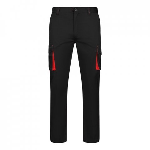 VL FIDES. Pantaloni extensibili cu buzunare multiple (240g/m&sup2;), &icirc;n două tonuri, din bumbac (46%), EME (38%) și poliester (16%) - Negru/Roșu