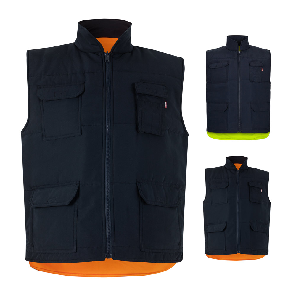 VL DIANA. Gilet imbottito (220g/m²), reversibile e con diverse tasche, in poliestere (100%), con chiusura a zip e tirante reversibile