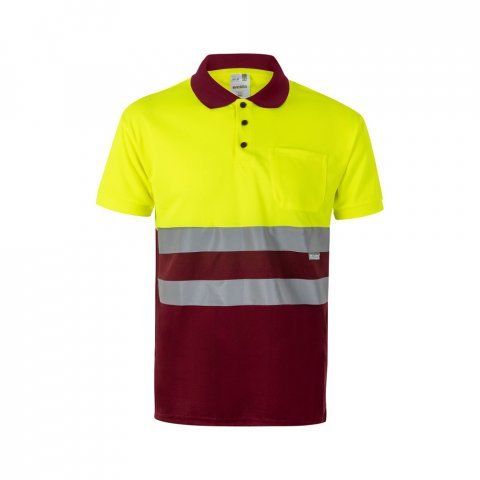 VL CUPID LARGE. Polo bicolore (160g/m&sup2;) &agrave; manches courtes, en polyester (100%) - Bordeaux/Jaune