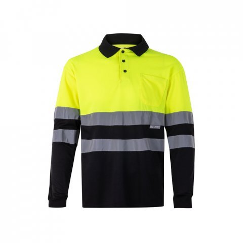 VL VULCAN LARGE. Zweifarbiges Poloshirt im Bird-Eye-Design (160g/m&sup2;) mit langen &Auml;rmeln, aus Polyester (100%) - Schwarz/Gelb