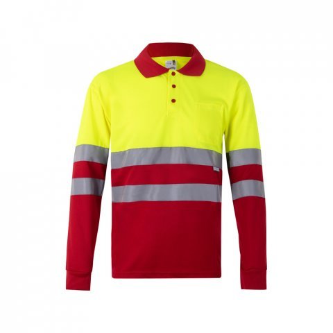VL VULCAN LARGE. Zweifarbiges Poloshirt im Bird-Eye-Design (160g/m&sup2;) mit langen &Auml;rmeln, aus Polyester (100%) - Rot/Gelb