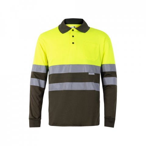 VL VULCAN LARGE. Zweifarbiges Poloshirt im Bird-Eye-Design (160g/m&sup2;) mit langen &Auml;rmeln, aus Polyester (100%) - Khaki/Gelb