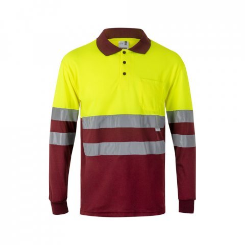 VL VULCAN LARGE. Zweifarbiges Poloshirt im Bird-Eye-Design (160g/m&sup2;) mit langen &Auml;rmeln, aus Polyester (100%) - Burgunder/Gelb