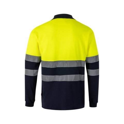 VL PLUTO LARGE. Polo piqu&eacute; bicolore (150g/m&sup2;) &agrave; manches longues, en coton (55%) et polyester (45%) - Bleu marine/Jaune