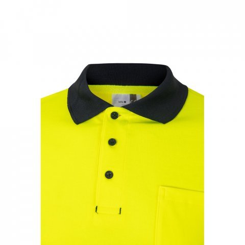 VL PLUTO LARGE. Polo piqu&eacute; bicolore (150g/m&sup2;) &agrave; manches longues, en coton (55%) et polyester (45%) - Bleu marine/Jaune