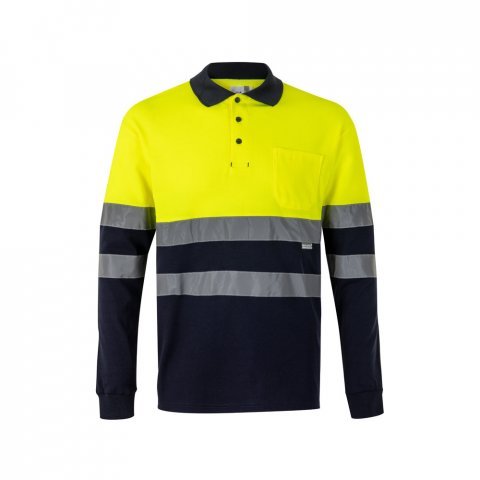 VL PLUTO LARGE. Polo piqu&eacute; bicolore (150g/m&sup2;) &agrave; manches longues, en coton (55%) et polyester (45%) - Bleu marine/Jaune