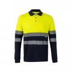 VL PLUTO LARGE. Polo piqu&eacute; bicolore (150g/m&sup2;) &agrave; manches longues, en coton (55%) et polyester (45%) - Bleu marine/Jaune