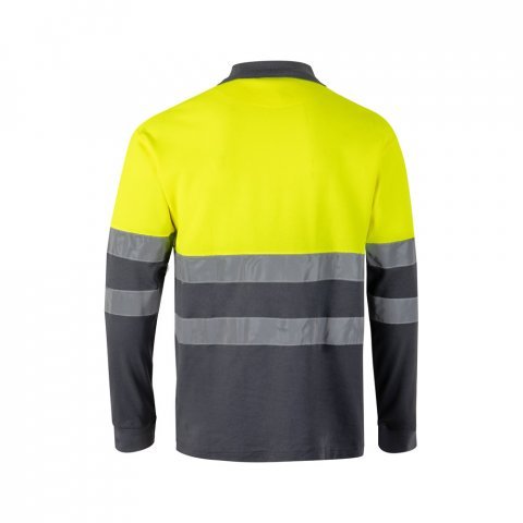 VL PLUTO LARGE. Polo piqu&eacute; bicolore (150g/m&sup2;) &agrave; manches longues, en coton (55%) et polyester (45%) - Gris/Jaune