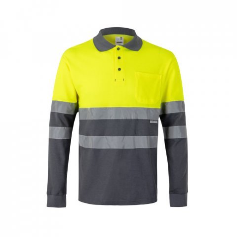 VL PLUTO LARGE. Polo piqu&eacute; bicolore (150g/m&sup2;) &agrave; manches longues, en coton (55%) et polyester (45%) - Gris/Jaune