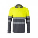 VL PLUTO LARGE. Polo piqu&eacute; bicolore (150g/m&sup2;) &agrave; manches longues, en coton (55%) et polyester (45%) - Gris/Jaune