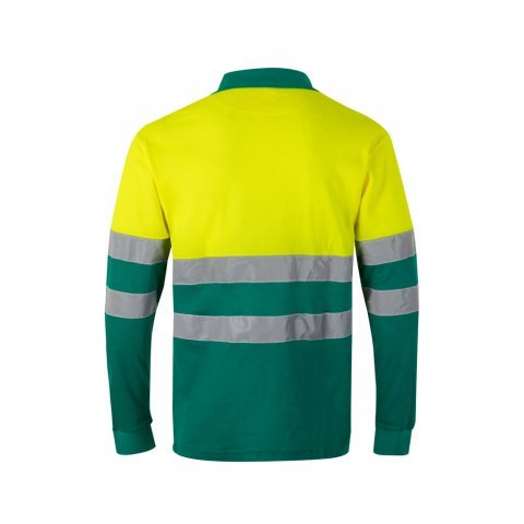 VL PLUTO LARGE. Polo piqu&eacute; bicolore (150g/m&sup2;) &agrave; manches longues, en coton (55%) et polyester (45%) - Vert/Jaune