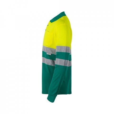 VL PLUTO LARGE. Polo piqu&eacute; bicolore (150g/m&sup2;) &agrave; manches longues, en coton (55%) et polyester (45%) - Vert/Jaune