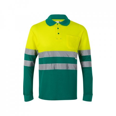 VL PLUTO LARGE. Polo piqu&eacute; bicolore (150g/m&sup2;) &agrave; manches longues, en coton (55%) et polyester (45%) - Vert/Jaune