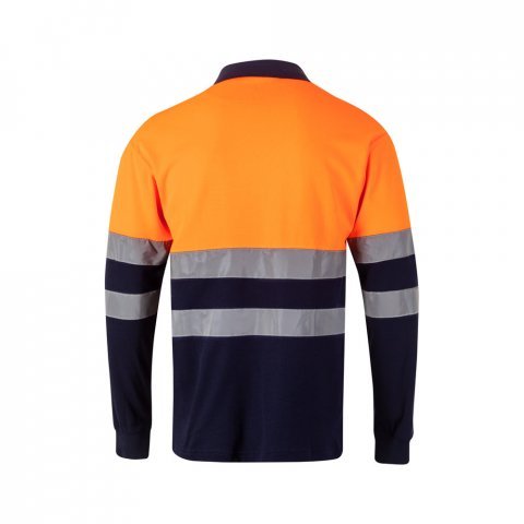 VL PLUTO LARGE. Polo piqu&eacute; bicolore (150g/m&sup2;) &agrave; manches longues, en coton (55%) et polyester (45%) - Bleu marine/Orange