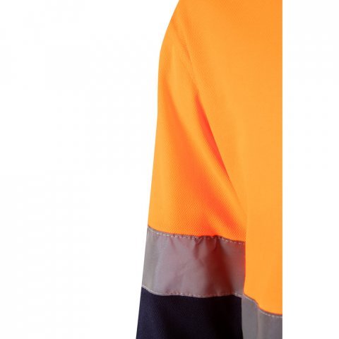 VL PLUTO LARGE. Polo piqu&eacute; bicolore (150g/m&sup2;) &agrave; manches longues, en coton (55%) et polyester (45%) - Bleu marine/Orange