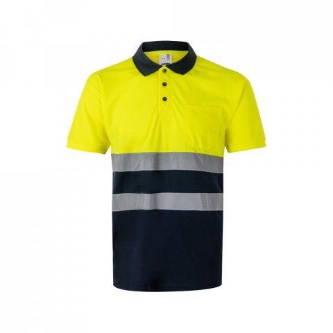 VL FORTUNA. Polo bird-eye (140g/m&sup2;) de manga curta, em poli&eacute;ster (100%) - Azul marinho/Amarelo