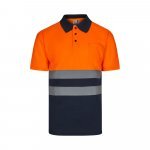 VL FORTUNA. Polo bird-eye (140g/m&sup2;) de manga curta, em poli&eacute;ster (100%) - Azul marinho/Laranja