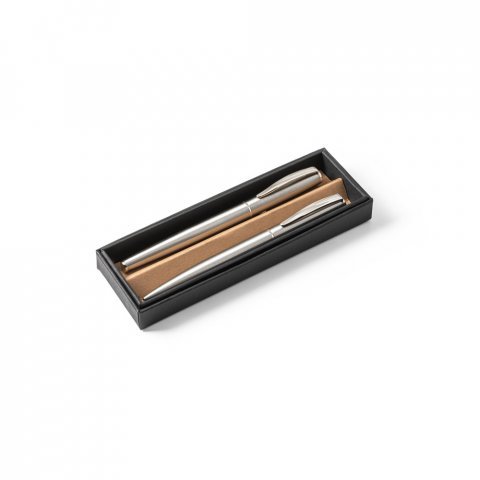 ELLA. Roller and ballpoint pen set with stainless steel body (53% rSS) with clip - Satin silver