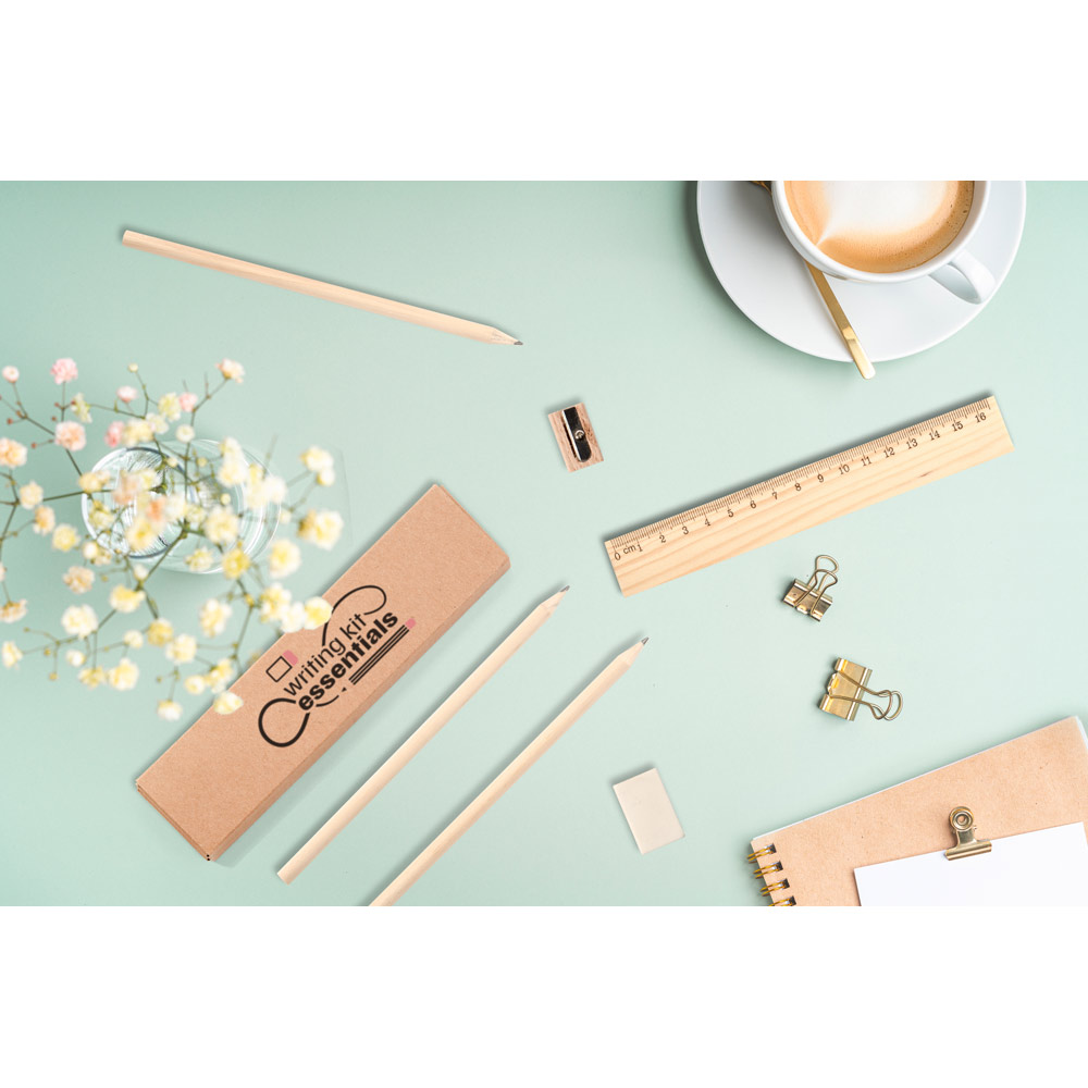 GEOFFREY. Versatile set da scrittura composto da matita, temperino, gomma e righello