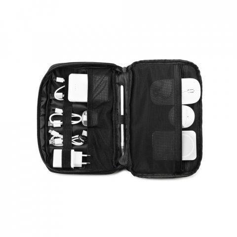 YANGON. Geantă organizator spațioasă pentru accesorii tehnice din twill cu strat hidrofug și poliester reciclat 600D - Negru