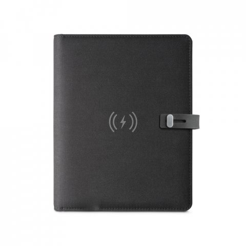 EMERGE A5 FOLDER. A5 map in gerecycled polyester (100% rPET) 300D met draadloze oplader - Zwart