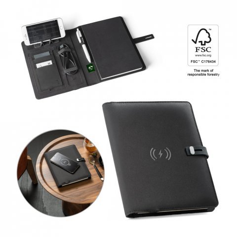 EMERGE A5 FOLDER. A5 map in gerecycled polyester (100% rPET) 300D met draadloze oplader