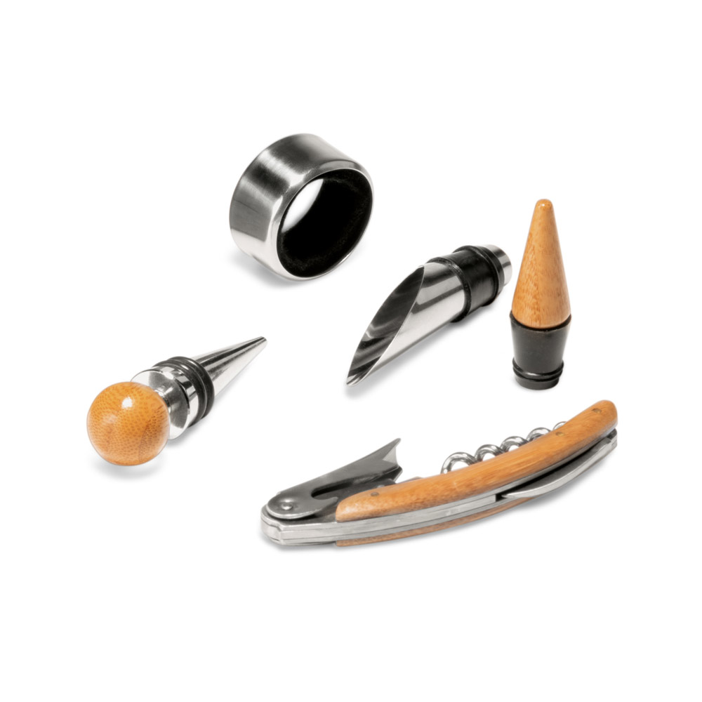 MORETO. Set da vino con 4 utensili in legno e metallo