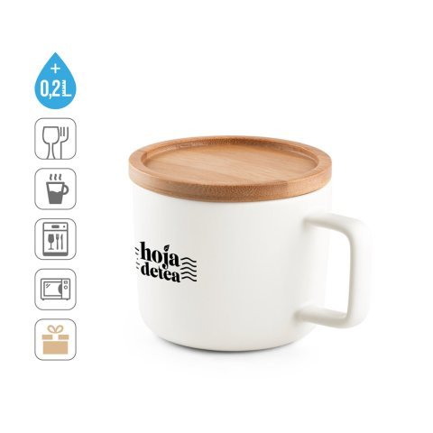 FANGIO. Tazza in ceramica da 220 mL con tappo e base in bamb&ugrave;