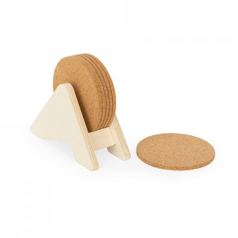 PLYCORK. Plywood stand with 6 cork coasters - Natural