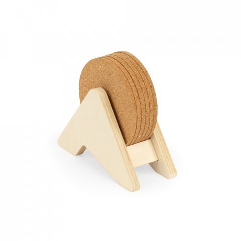 PLYCORK. Plywood stand with 6 cork coasters - Natural