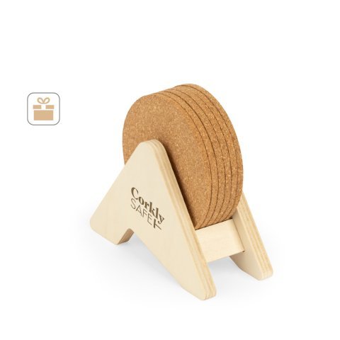 PLYCORK. Plywood stand with 6 cork coasters