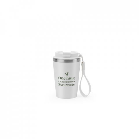 SPITZ. Чаша за пътуване от неръждаема стомана (90% рециклирана) и външна стена от PP, с матово покритие 440 мл - бял