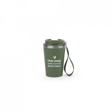 SPITZ. Чаша за пътуване от неръждаема стомана (90% рециклирана) и външна стена от PP, с матово покритие 440 мл - Армия зелено